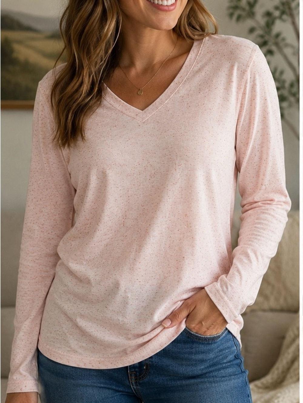 Carhartt Relaxed Fit Pink Speckled V-Neck Long Sleeve Tee L